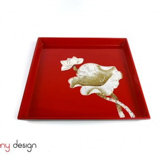 Small red square lacquer tray hand-painted with lotus 22 cm